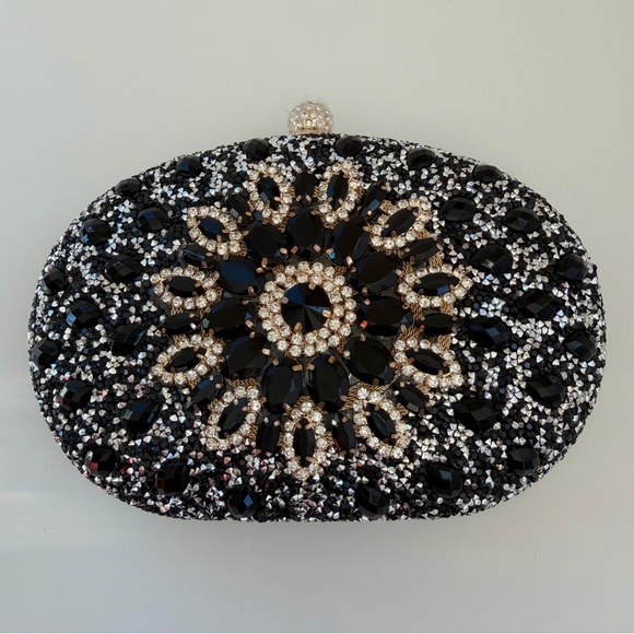 Ramla Handbags - RAMLA Black Bejeweled Crystal Evening Bag w/ Chain Strap Top Handle NEW!